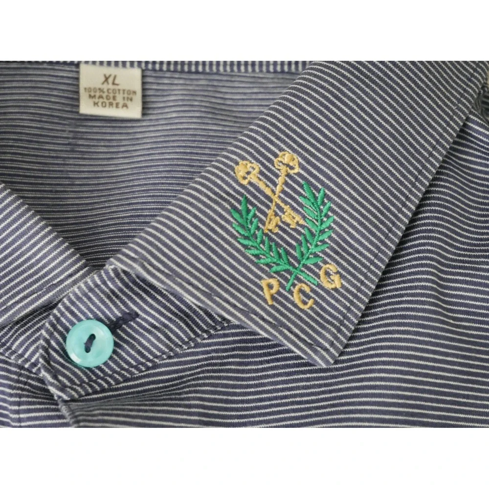 Peter Millar Mens XL Navy Blue White Striped Cotton Polo PCG‎ Crest Golf Shirt